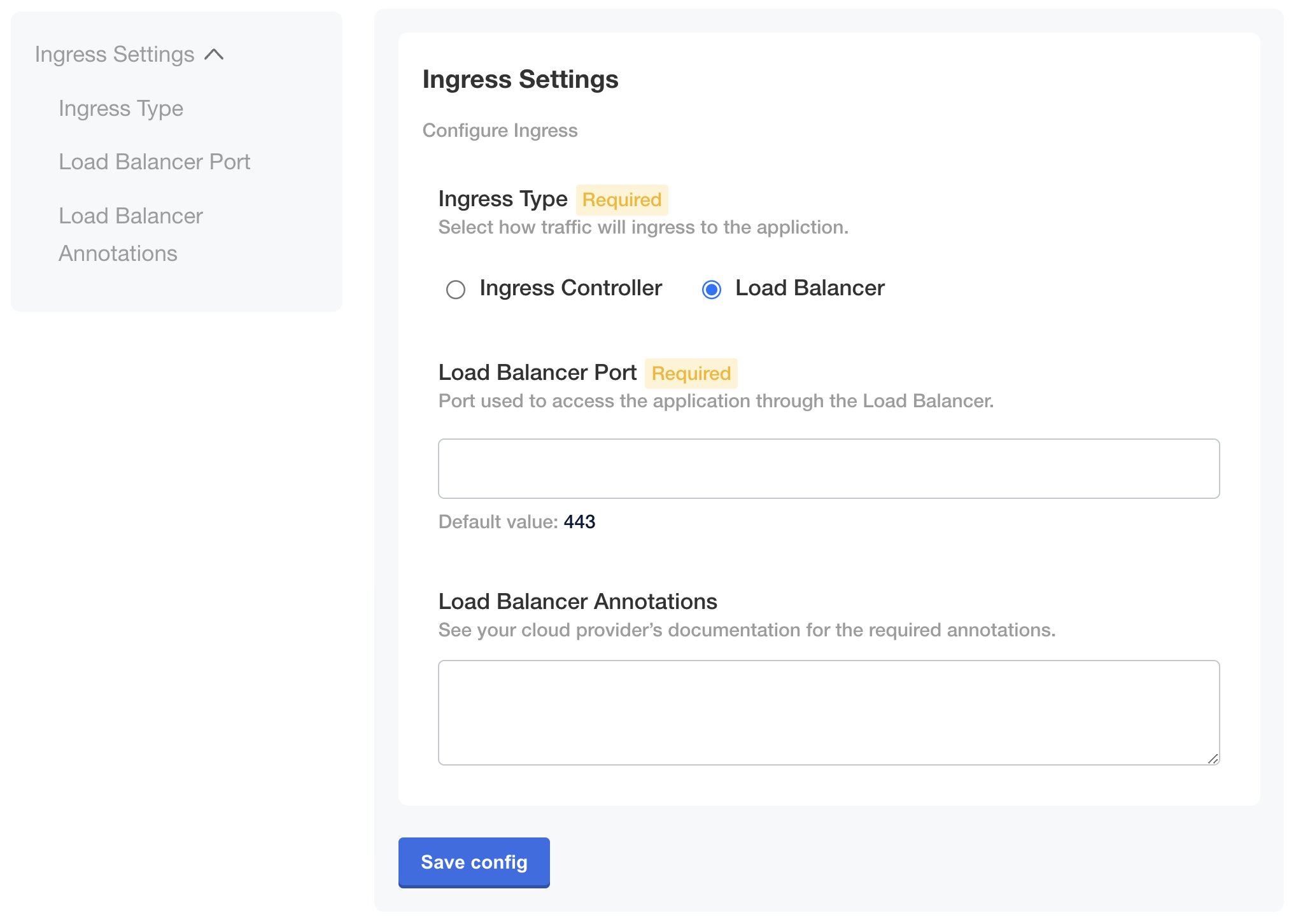 Config page displaying the load balancer options